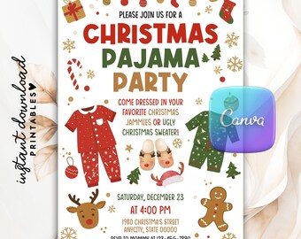 May include: A Christmas Pajama Party invitation with festive graphics. The invitation features text in red, green, and brown, with illustrations of pajamas, reindeer, and gingerbread men. The date is Saturday, December 23, at 4:00 PM.