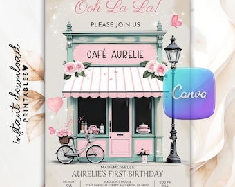 Cafe Paris Birthday Invitation, French Paris Invitation, Parisian Cafe Ooh La La Patisserie Mademoiselle Tea Party French Themed Birthday