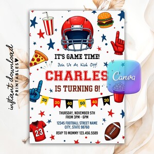 Football Birthday Invitation, Sports Party Invite, Football Game, First Year Down, Game On, Football Invite, Editable Canva Template, Evite
