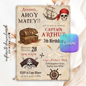 Bearbeitbare Piratenkarte Geburtstagseinladung, Kinderpiratenparty einladen, Ahoi Mateys Piraten-Geburtstagseinladung, druckbare digitale Canva-Vorlage