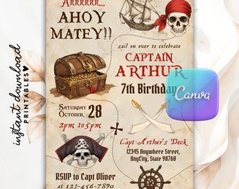 編集可能な海賊地図の誕生日招待状、子供向け海賊パーティー招待状、Ahoy Mateys海賊誕生日招待状、印刷可能なデジタルCanvaテンプレート