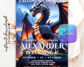 Realistic Dragon Birthday Invitation, Fantasy Party Theme (Canva Template)
