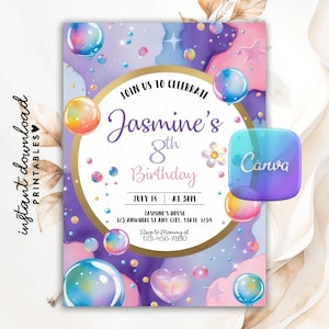 May include: A digital invitation for Jasmine's 8th birthday, featuring a watercolor design with bubbles, stars, and a heart. The invitation includes the text "Join us to Celebrate," the date, time, and location. The Canva logo is visible.