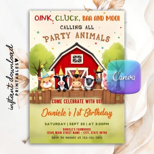 Editable Farm Barn Animals Birthday Invitation, Boy and Girl Barnyard Party Invite, Printable Ranch Kids Birthday Invitation Canva Template