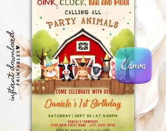 Editable Farm Barn Animals Birthday Invitation, Boy and Girl Barnyard Party Invite, Printable Ranch Kids Birthday Invitation Canva Template
