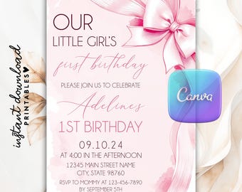Editable Pink Bow 1st Birthday Invitation Girl, First Birthday Invitation, Pink Coquette Bow Invitation 1st Birthday Girl Invite Template