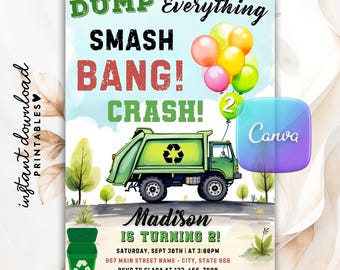 Editable Garbage Truck Birthday Invitation Template, Dump Truck Party Invitation, Garbage Truck Birthday Evite, Printable Trash Bash Invite