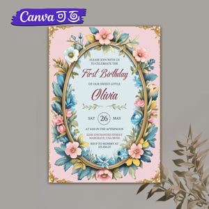 Bearbeitbare viktorianische Shabby Chic-Geburtstagseinladung, botanische einladen, Vintage-Blumen einladen, Tee-Party einladen, druckbare Canva-Vorlagenkarte