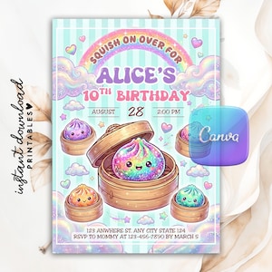 Może przedstawiać: Zaproszenie urodzinowe z jasnoniebieskim tłem w paski, tęczą, chmurami i sercami. Zawiera tekst "SQUISH ON OVER FOR ALICE'S 10TH BIRTHDAY AUGUST 28 2:00 PM" oraz ilustracje kolorowych, uśmiechniętych pierożków w bambusowych koszykach do gotowania na parze.