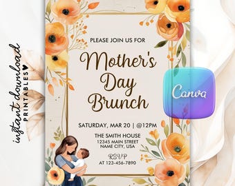 Floral Mother's Day Brunch Invitation, Editable Canva Template (Digital Download)
