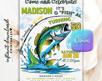 Editable Bass Fishing Birthday Invitation, O-fish-ally Fishing Party Invite, Fish Birthday Invitation, DIY Printable Digital Canva Template