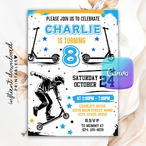 Puede incluir: Una invitación de cumpleaños con temática de scooter. La invitación presenta el texto "PLEASE JOIN US TO CELEBRATE CHARLIE IS TURNING 8". Incluye un gráfico de una persona montando un scooter, estrellas azules y la fecha.