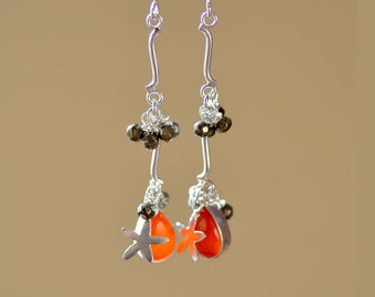 Carnelian teardrop silver earrings. Carnelian and pyrite gemstone sterling earrings. Long cluster earrings.