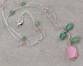 Pink Opal Flower Silver Necklace. Peruvian Opal Tulip Pendant. Green Aventurine Sterling Chain Necklace.