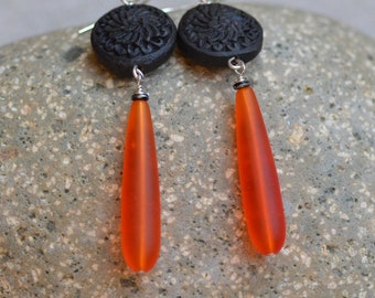 Carved black cinnabar silver earrings. Orange sea glass sterling earrings. Oriental frosted sea glass teardrop earrings.