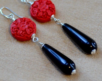 Red cinnabar black onyx earrings. Silver teardrop earrings. Oriental smooth onyx  carved cinnabar earrings.