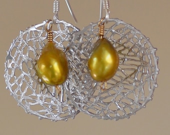 Gold pearl silver earrings. Spider web disk earrings. Fresh water pearl earrings. Organic earthy earrings.