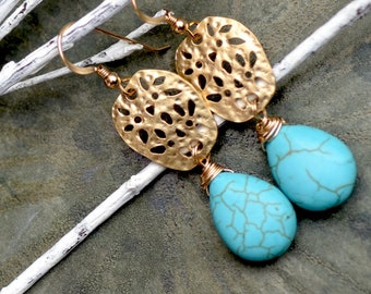 Turquoise Teardrop Gold Earrings. Smooth Turquoise on Honey Comb Earrings. Gift for her.