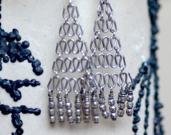 Sterling Silver Net Earrings.  Chain Mail Earrings. Chandelier Earrings Silver Mesh Earrings. Tiffany Style Earrings.