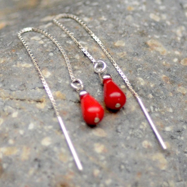 Red coral teardrop threaders.  Coral sterling silver ear threaders. Dainty minimalist ear threaders.