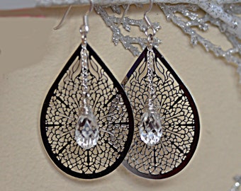 Filigree Lace Silver Large Earrings, Clear Quartz Teardrop Earrings, DEWDROPS Crystal Earrings. Holiday statement earrings.