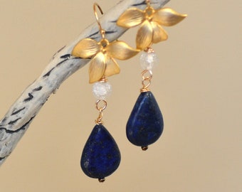 Lapis Lazuli Teardrop Gold Earrings. Navy Blue Smooth Large Lazurite  Gemstone Dangles. Flower Earrings.