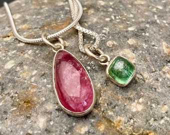 Tourmaline Sterling Necklace. Genione Pink and Green Tourmaline Charm Pendant. Sterling Silver Chain Necklace.