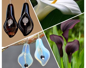 Opalite blue flower silver earrings. Carved calla lily earrings. Nature inspired milky blue opalite sterling earrings.