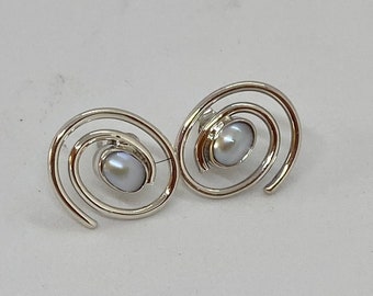 White Pearl sterling silver stud earrings. Mismatched pearl threader and stud earrings. Swirl pearl studs. Mix and match.