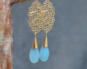 Blue chalcedony teardrop earrings.  Filigree gold leaf earrings.  Sky blue smooth chalcedony. Luxury contemporary jewelry.