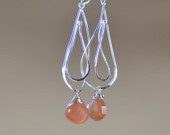 Moonstone Teardrop Sterling Silver Earrings. Peach Faceted Moonstone Earrings. June Birthstone. Birthday gift!