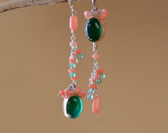 Asymmetrical green onyx & pink coral silver earrings. Fine silversmith asymmetrical earrings. Contemporary jewelry