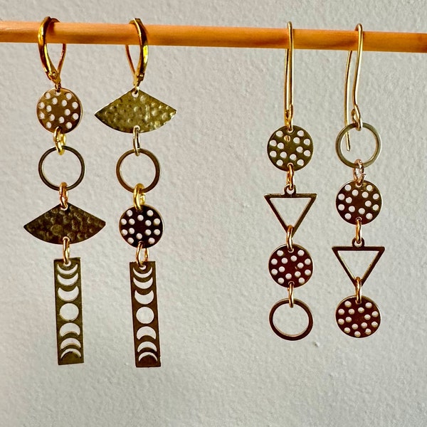 Asymmetrical geometric brass earrings.  Hammered  abstract earrings. Mismatched statement modern gold tone earrings. Jewelry trend.