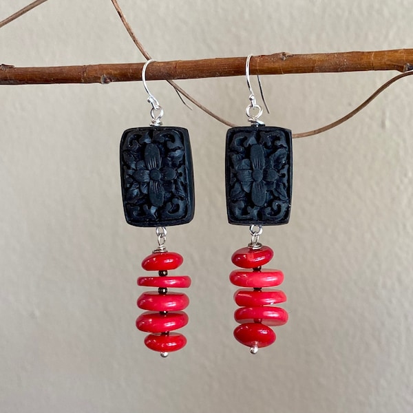 Carved black cinnabar silver earrings. Red coral disk sterling earrings. Oriental style statement jewelry.
