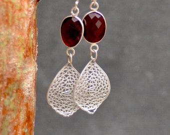 Red Quartz Silver Earrings. Mixed Metal Earrings. Filigree Drop  Earrings.