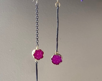 Mismatched pink druse earrings. Mixed metal gold and black silver  earrings. Hot pink druse quartz earrings. Sterling asymmetrical earrings.