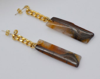 Raw Agate Earrings. Gold Chunky Chain Post Earrings.  Brown Agate Slice Modern Earrings.