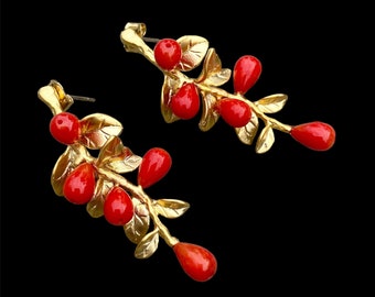 Red coral gold earrings. WINTER BERRY. Floral branch earrings. Coral teardrop post earrings.