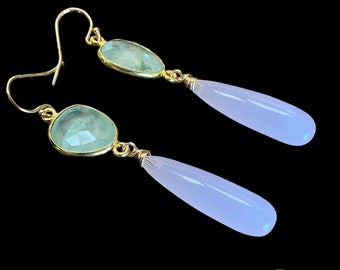 Prehnite and rose quartz  gold earrings. Large smooth rose quartz teardrop earrings.  Faceted light green prehnite earrings. Gift for mom.