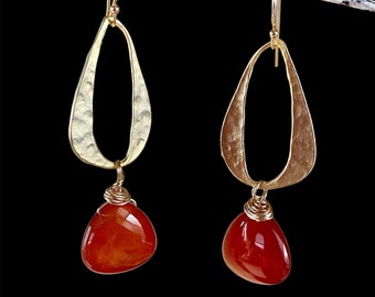 Carnelian Smooth Teardrop Gold Earrings.  Large Deep Orange Carnelian  Earrings. Luxury Fine Jewelry
