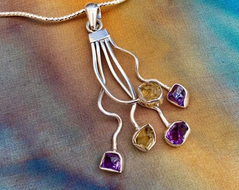 Raw citrine, amethyst silver necklace. Flower branch silversmith necklace. Raw gemstone chain necklace. November and February birthstone.