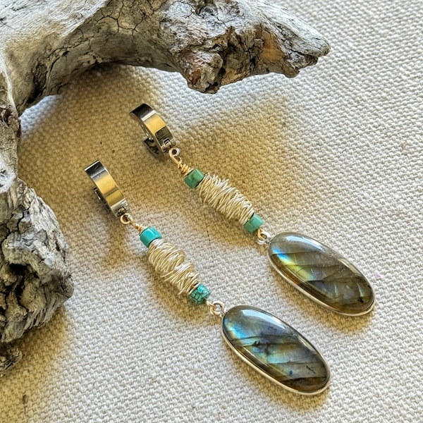 Large Labradorite Sterling Earrings. Blue Gold  Smooth Oval Labradorite. Silver Wire Wrapped  Earrings. Latch Back Huggies. Fine  Jewelry.