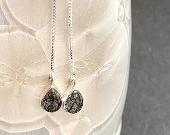 Tourmalinated quartz threaders. Sterling silver smooth teardrops. Black and white ear threaders.