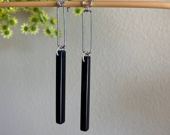 Black onyx bar silver earrings. Obsidian sticks silver post earrings. Modern black gemstone earrings.