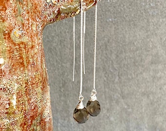 Smoky quartz sterling threaders. Genuine faceted smoky quartz teardrop silver threader earrings. Long ear threaders.