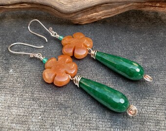 Green jade teardrop silver earrings. Red agate carved flower earrings.  Faceted jade dangle earrings. Modern bold earthy jewelry.