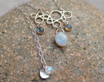 Moonstone Silver Necklace. Labradorite Sterling Necklace.  RAINDROPS Gemstone Chain Necklace. Silversmith Necklace.