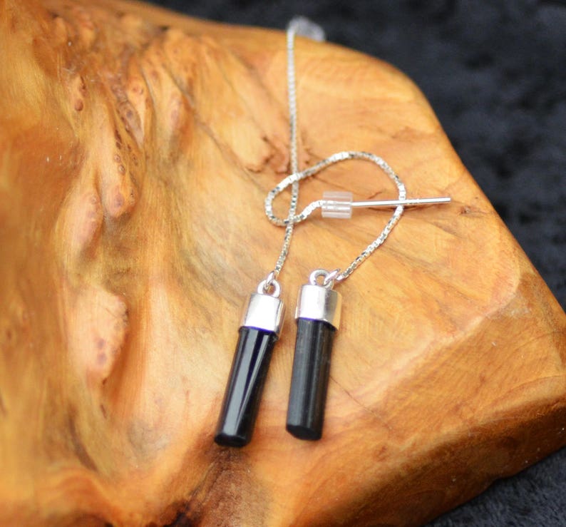 Black Tourmaline Earrings Sterling Silver Threader Prism Gemstone Earrings Tourmaline Threaders Minimalist Ear Threaders.