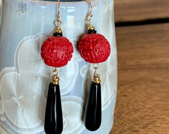 Red Cinnabar Black Onyx Earrings. Teardrop Gold or Silver Earrings. Carved cinnabar Oriental style earrings. Gift for her.