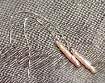 Rose pearl sterling silver threader earrings. Pearl sticks ear threaders. Minimalist fresh water pearl threaders..